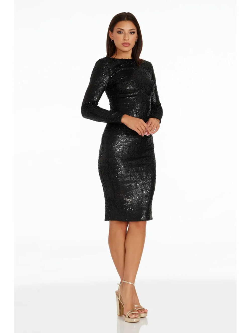 NEW, Dress the Population Emery Long Sleeve Sequin Dress in Black sz M #MD2631